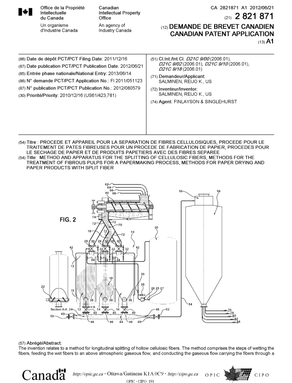Canadian Patent Document 2821871. Cover Page 20130923. Image 1 of 2
