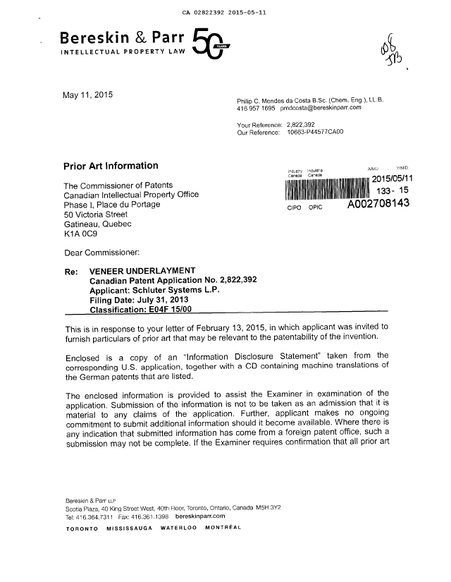 Document de brevet canadien 2822392. Correspondance de la poursuite 20150511. Image 1 de 2