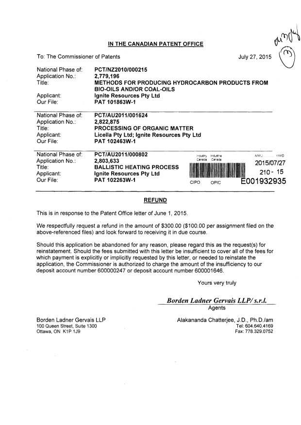Document de brevet canadien 2822875. Correspondance 20150727. Image 1 de 1