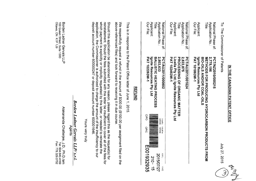 Canadian Patent Document 2822875. Correspondence 20150727. Image 1 of 1