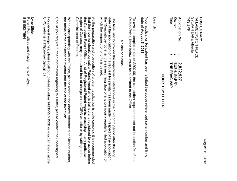 Document de brevet canadien 2822927. Correspondance 20121219. Image 1 de 1