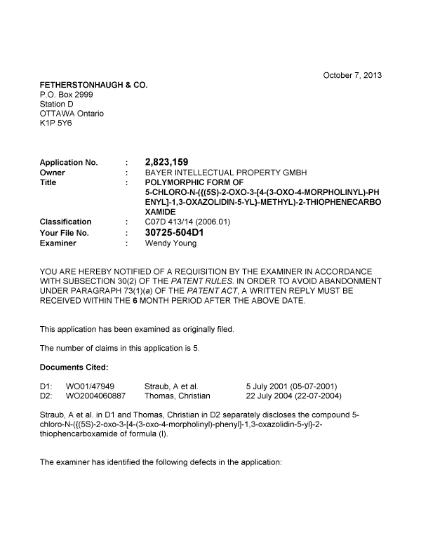 Canadian Patent Document 2823159. Prosecution-Amendment 20121207. Image 1 of 3