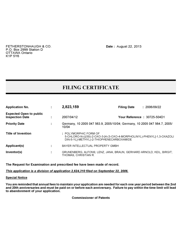 Document de brevet canadien 2823159. Correspondance 20130822. Image 1 de 1