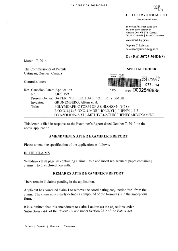 Document de brevet canadien 2823159. Poursuite-Amendment 20140317. Image 1 de 5