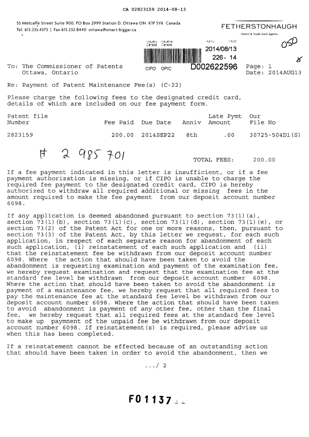 Document de brevet canadien 2823159. Taxes 20140813. Image 1 de 2