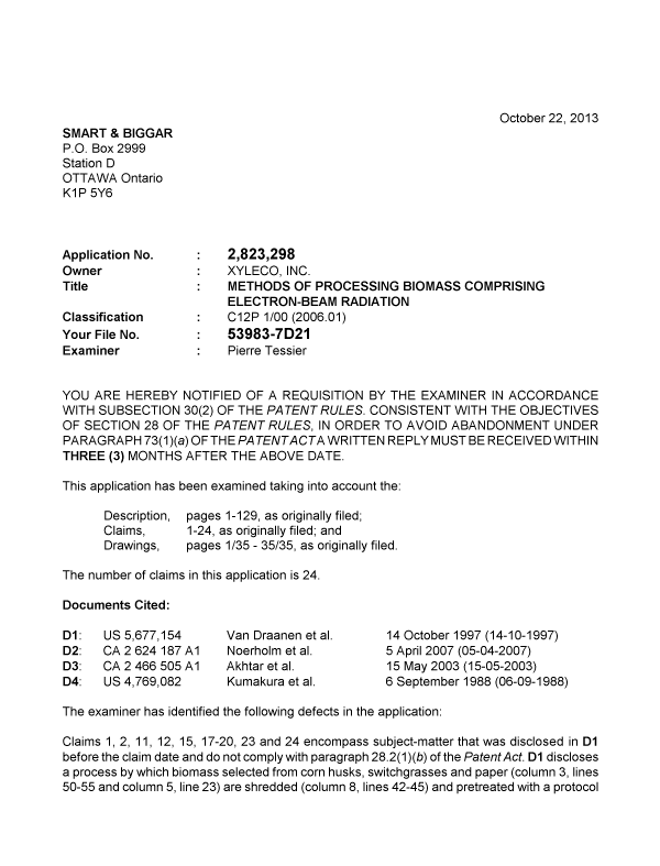 Canadian Patent Document 2823298. Prosecution-Amendment 20131022. Image 1 of 4
