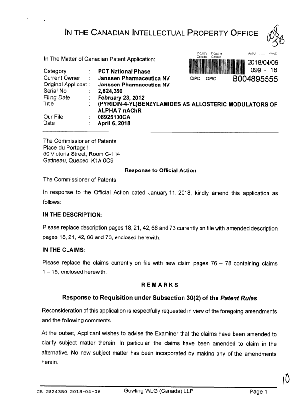 Canadian Patent Document 2824350. Amendment 20180406. Image 1 of 10