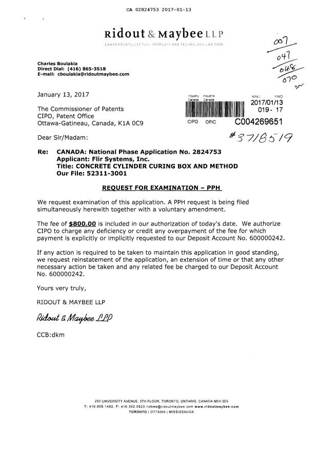 Document de brevet canadien 2824753. Correspondance 20170113. Image 1 de 4