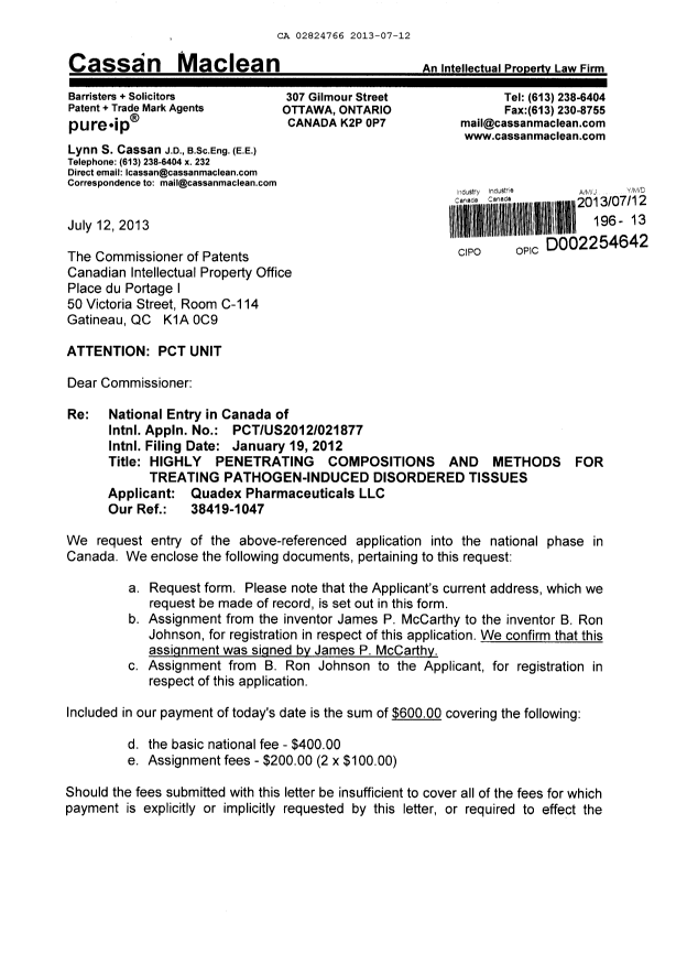 Document de brevet canadien 2824766. Cession 20130712. Image 1 de 10