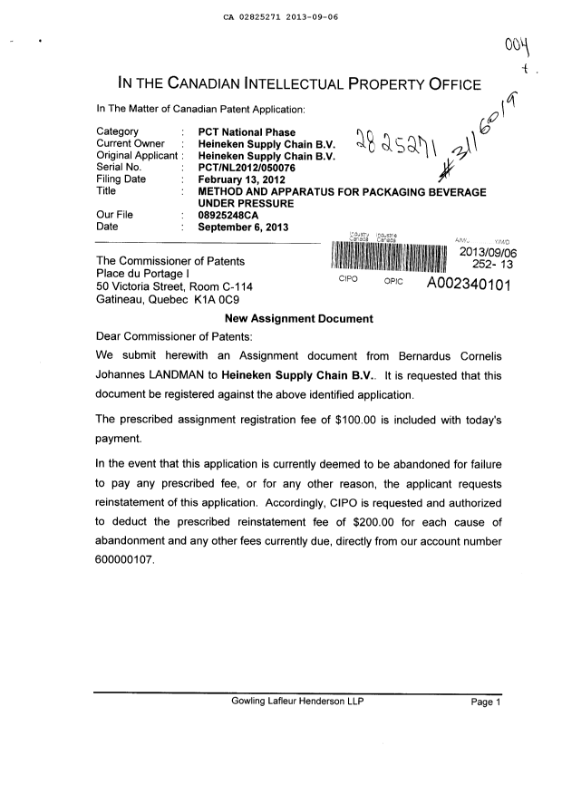 Document de brevet canadien 2825271. Cession 20130906. Image 1 de 4