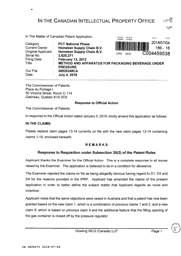 Canadian Patent Document 2825271. Amendment 20180704. Image 1 of 5