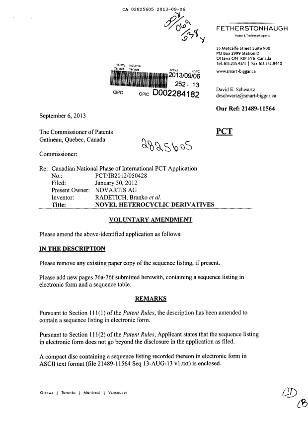Canadian Patent Document 2825605. Prosecution-Amendment 20130906. Image 1 of 8