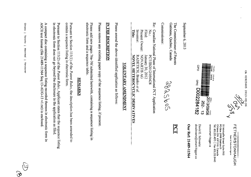 Canadian Patent Document 2825605. Prosecution-Amendment 20130906. Image 1 of 8