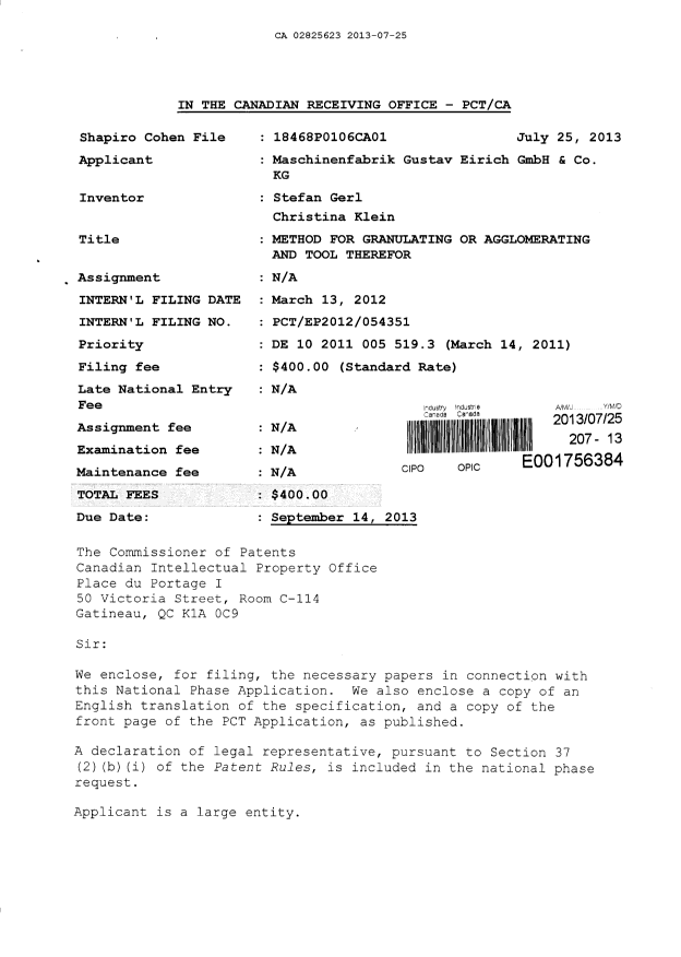 Document de brevet canadien 2825623. Cession 20130725. Image 1 de 4