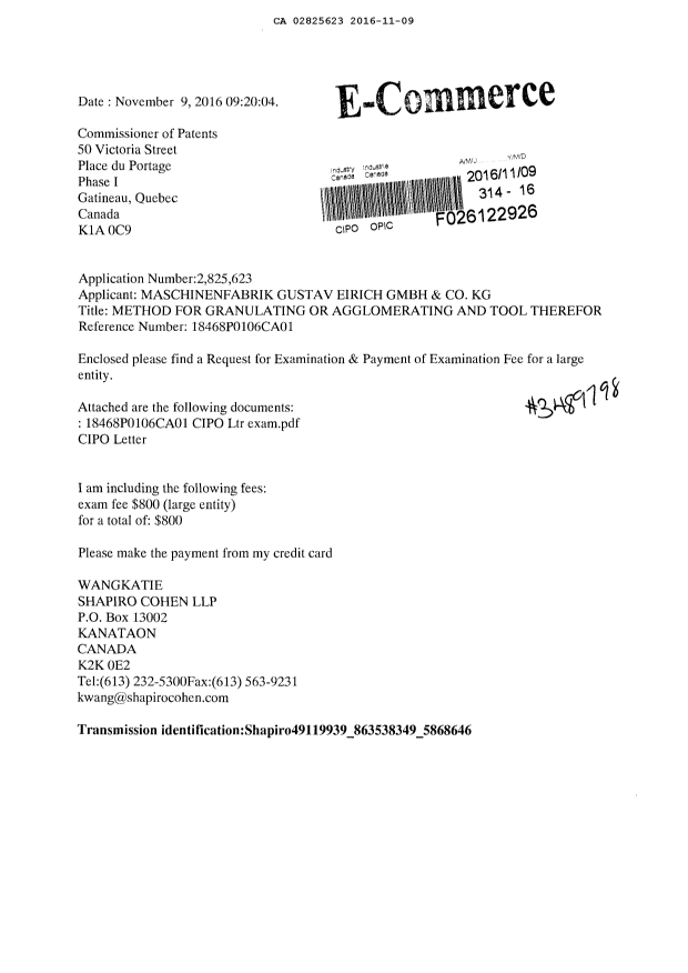 Document de brevet canadien 2825623. Requête d'examen 20161109. Image 1 de 2