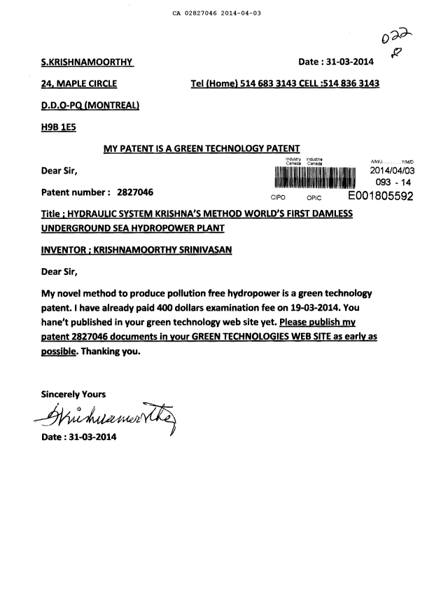 Canadian Patent Document 2827046. Correspondence 20140403. Image 1 of 1