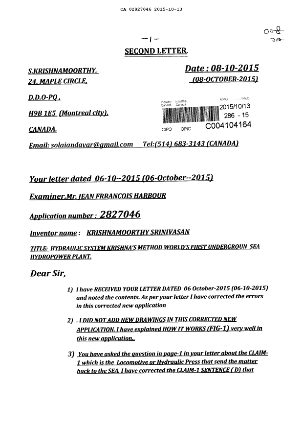 Canadian Patent Document 2827046. Amendment 20151013. Image 1 of 25