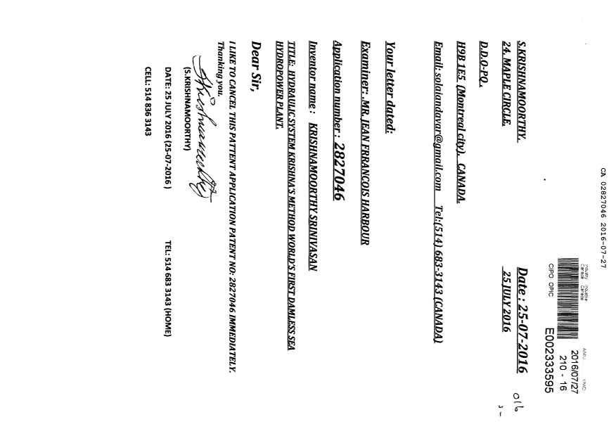 Document de brevet canadien 2827046. Retirer une demande 20160727. Image 1 de 1