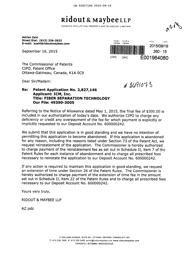 Canadian Patent Document 2827146. Final Fee 20150916. Image 1 of 1