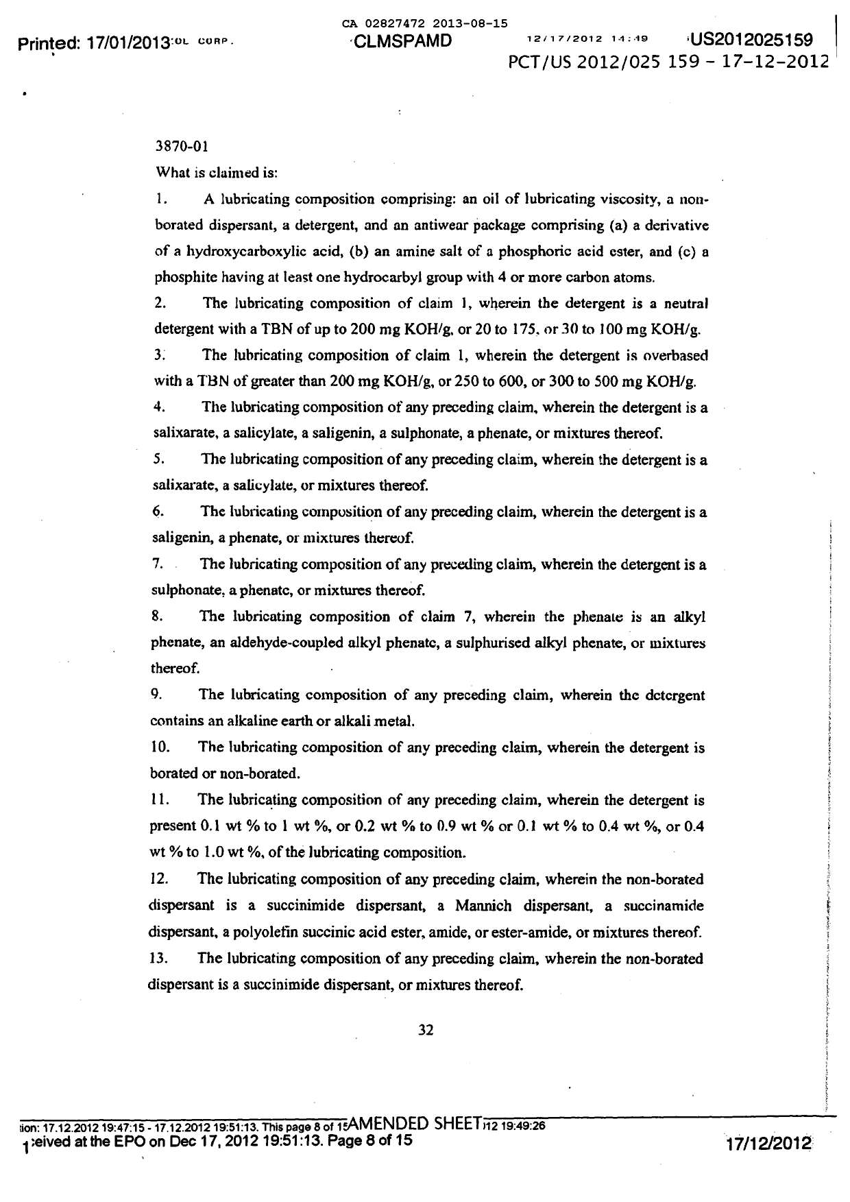 Document de brevet canadien 2827472. Revendications 20130815. Image 1 de 4