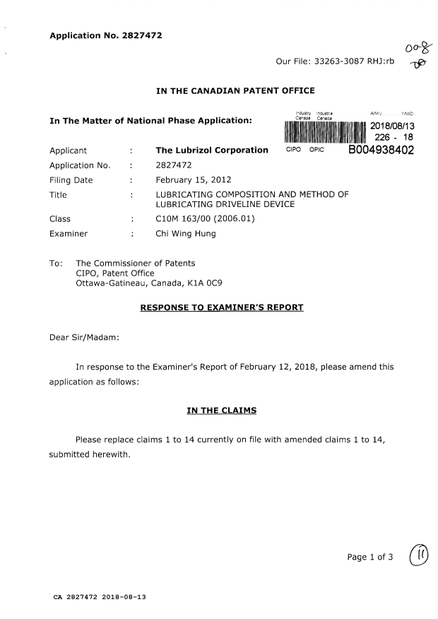 Document de brevet canadien 2827472. Modification 20180813. Image 1 de 11
