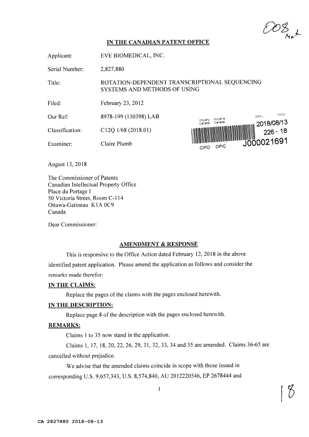Canadian Patent Document 2827880. Amendment 20180813. Image 1 of 18