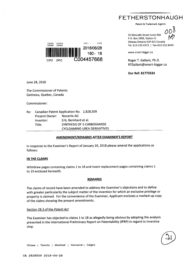 Document de brevet canadien 2828509. Modification 20180628. Image 1 de 21