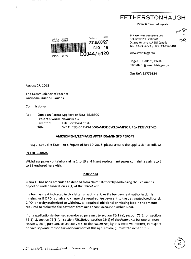 Document de brevet canadien 2828509. Modification 20180827. Image 1 de 8