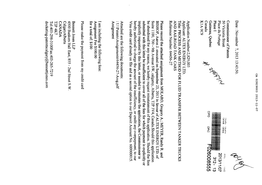 Document de brevet canadien 2829003. Cession 20131107. Image 1 de 7