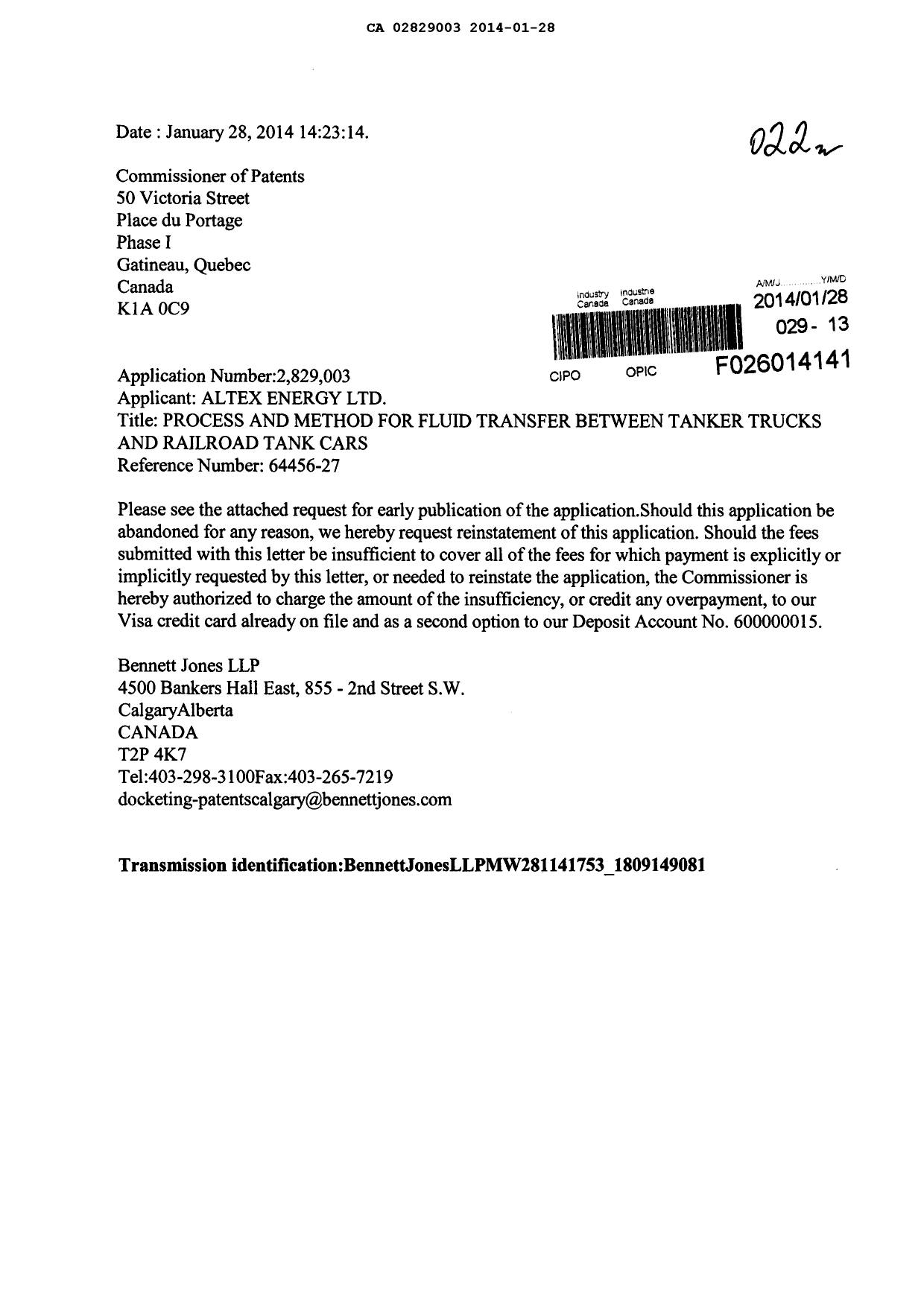 Document de brevet canadien 2829003. Correspondance 20131228. Image 1 de 1