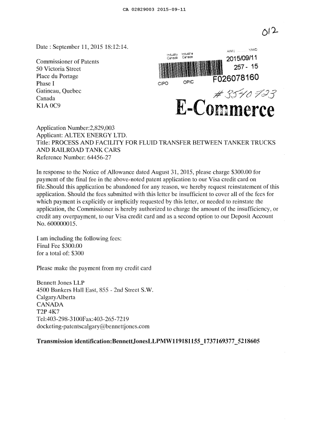 Document de brevet canadien 2829003. Taxe finale 20150911. Image 1 de 1