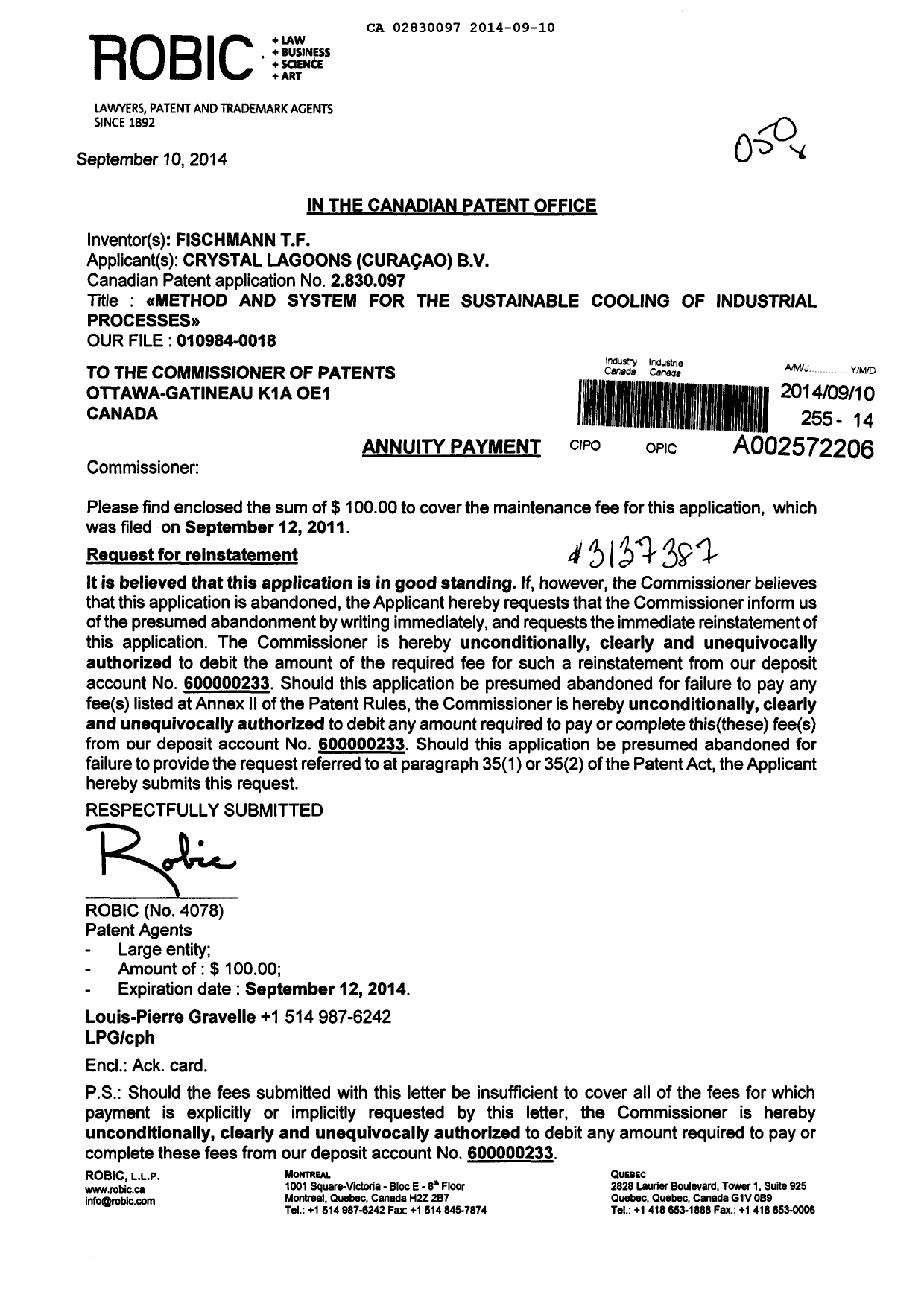 Document de brevet canadien 2830097. Taxes 20140910. Image 1 de 1