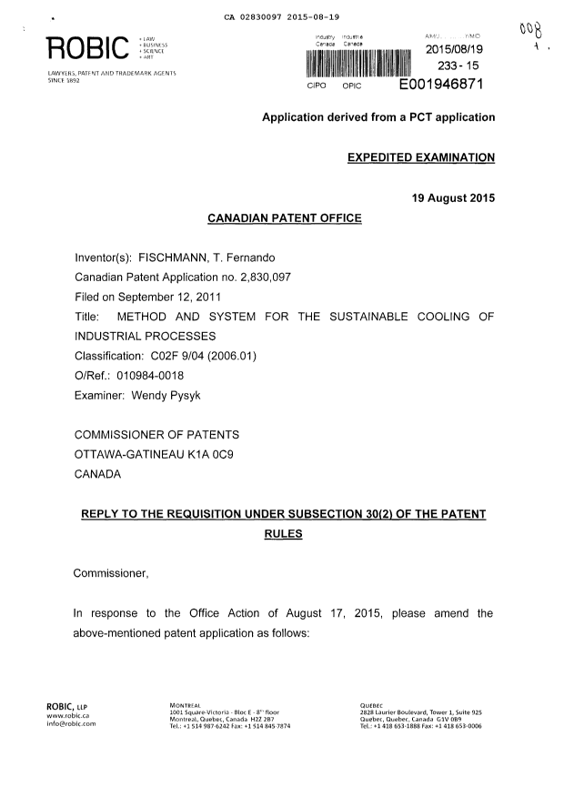 Document de brevet canadien 2830097. Modification 20150819. Image 1 de 4