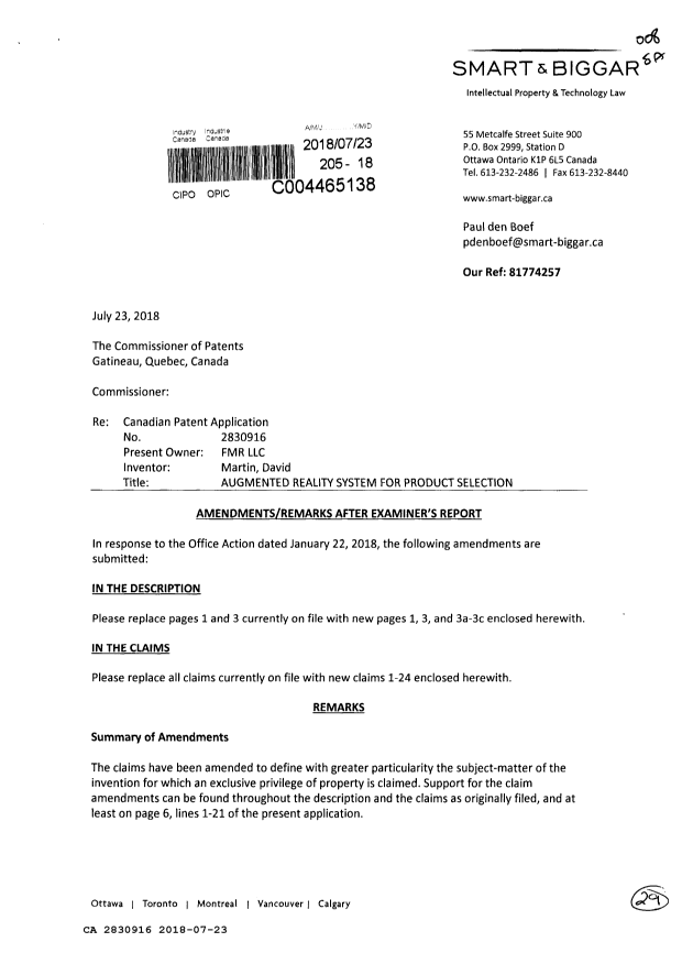 Canadian Patent Document 2830916. Amendment 20180723. Image 1 of 29