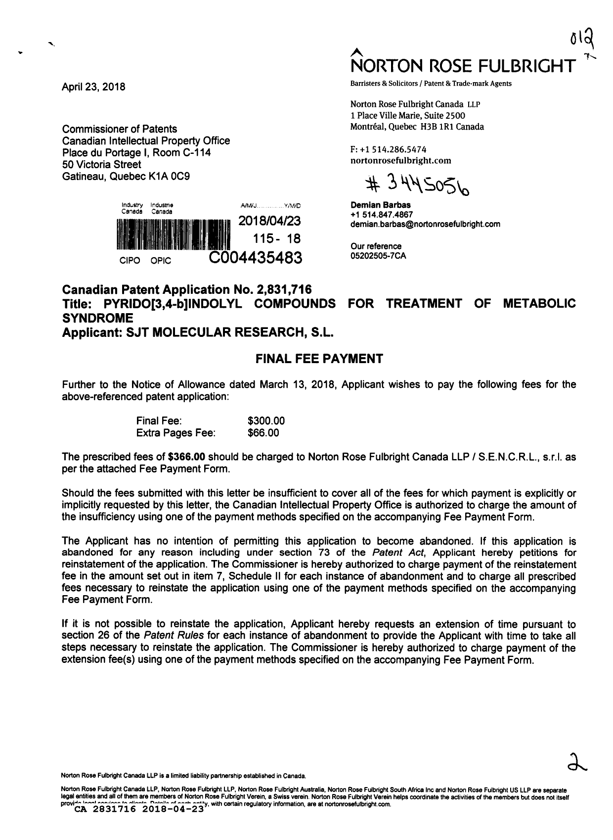 Document de brevet canadien 2831716. Correspondance 20171223. Image 1 de 2