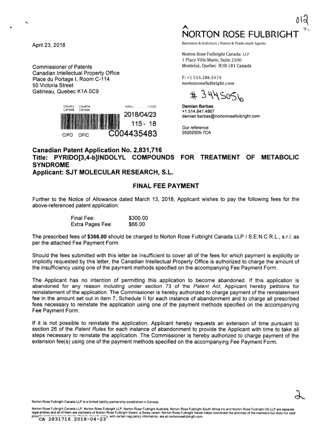 Document de brevet canadien 2831716. Taxe finale 20180423. Image 1 de 2