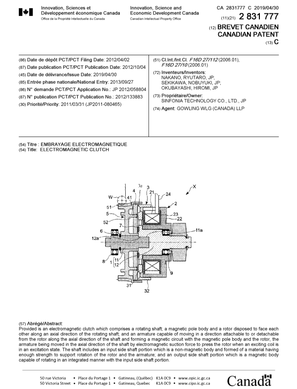 Document de brevet canadien 2831777. Page couverture 20190402. Image 1 de 1