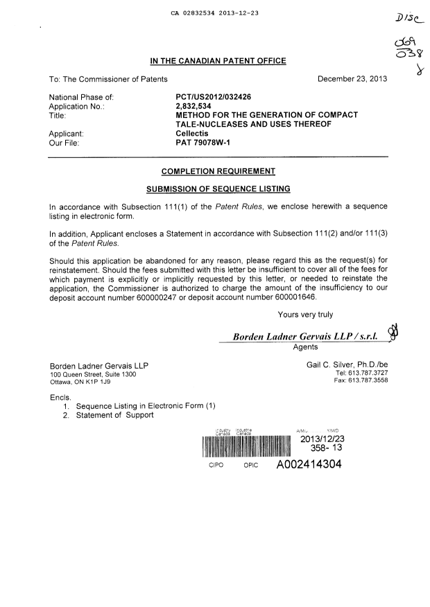 Canadian Patent Document 2832534. Prosecution-Amendment 20131223. Image 1 of 2