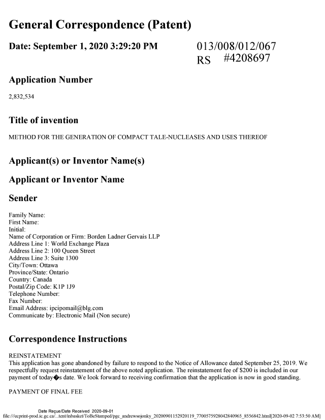 Document de brevet canadien 2832534. Modification 20200901. Image 1 de 14