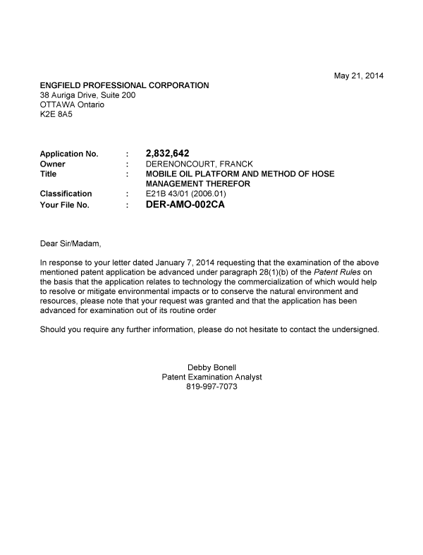 Document de brevet canadien 2832642. Poursuite-Amendment 20140521. Image 1 de 1