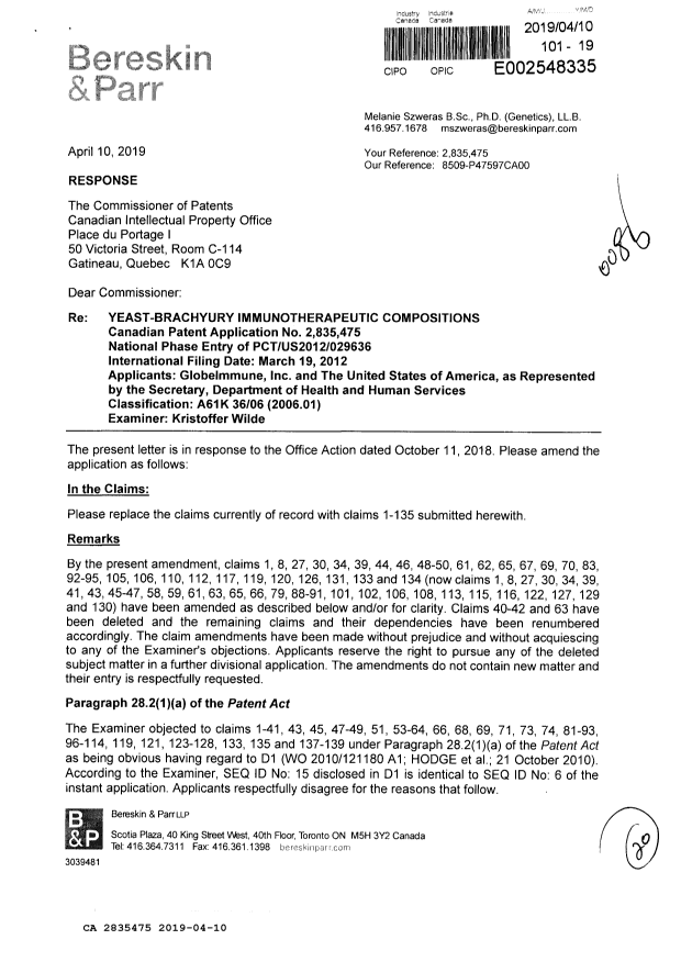 Document de brevet canadien 2835475. Modification 20190410. Image 1 de 20