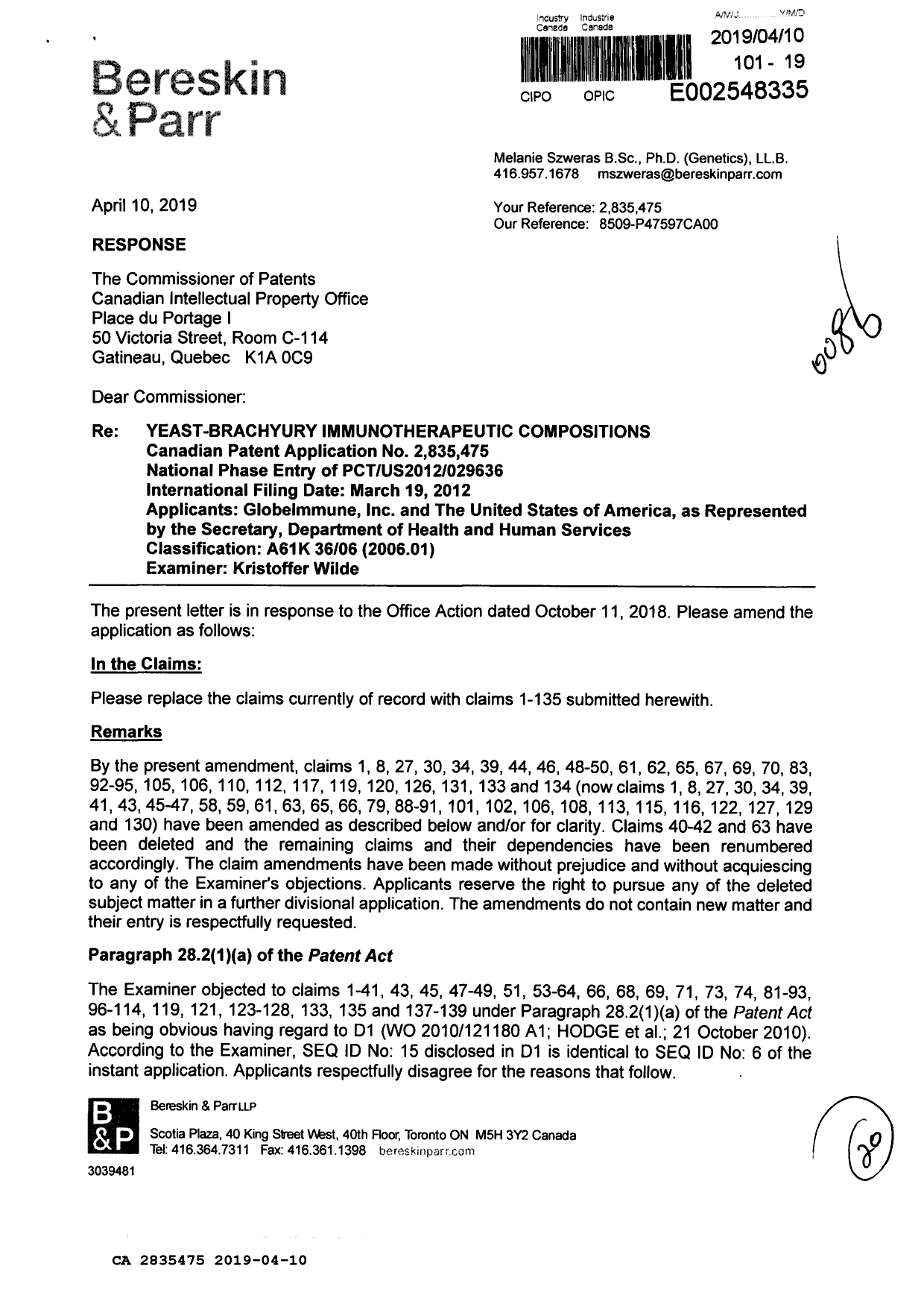 Canadian Patent Document 2835475. Amendment 20190410. Image 1 of 20