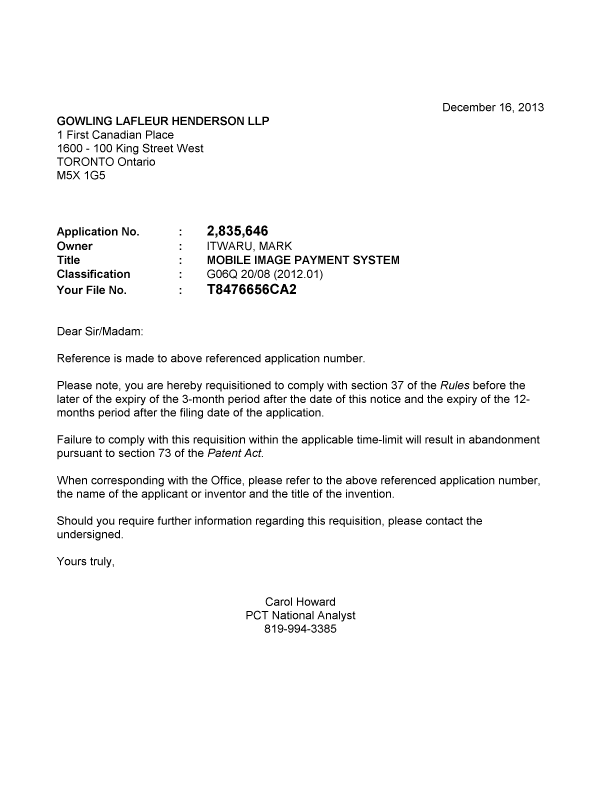 Canadian Patent Document 2835646. Correspondence 20131216. Image 1 of 1