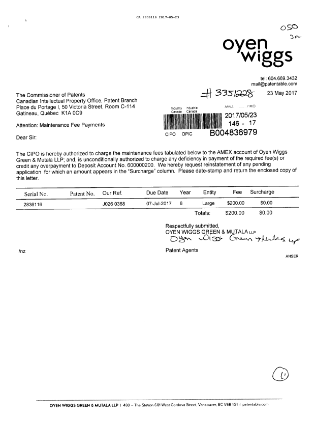 Document de brevet canadien 2836116. Paiement de taxe périodique 20170523. Image 1 de 1