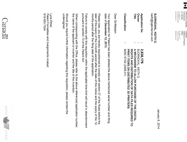 Canadian Patent Document 2836176. Correspondence 20140110. Image 1 of 1