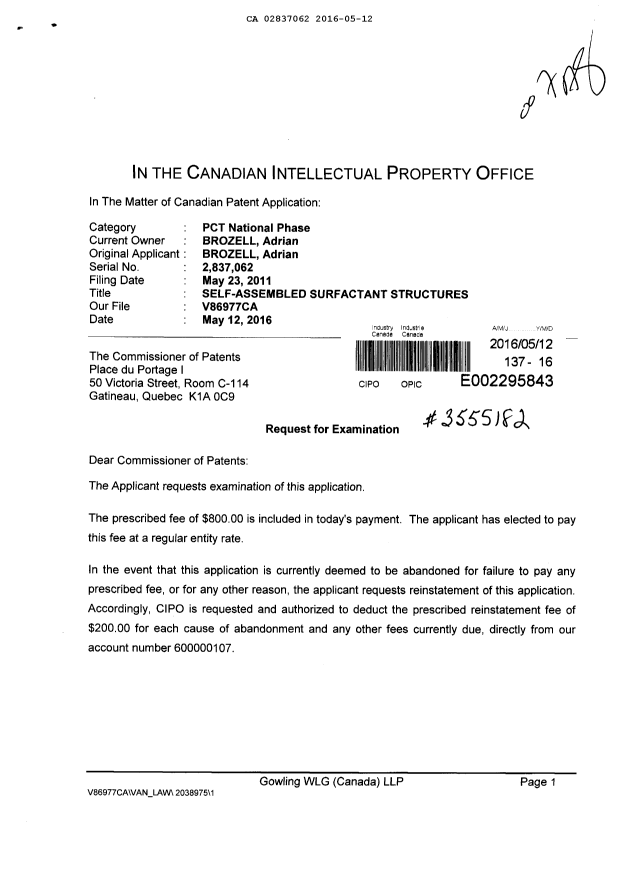 Canadian Patent Document 2837062. Request for Examination 20160512. Image 1 of 2