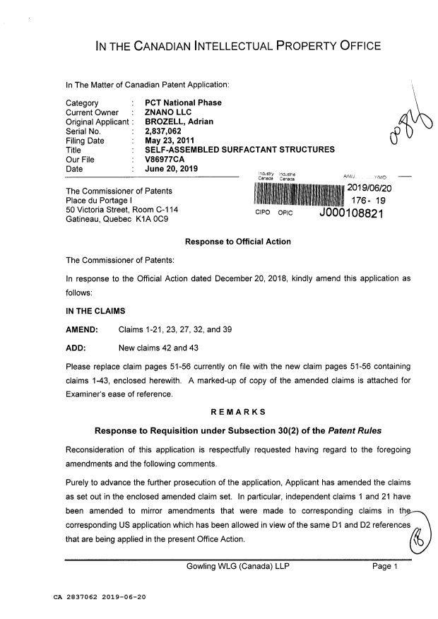 Canadian Patent Document 2837062. Amendment 20190620. Image 1 of 18