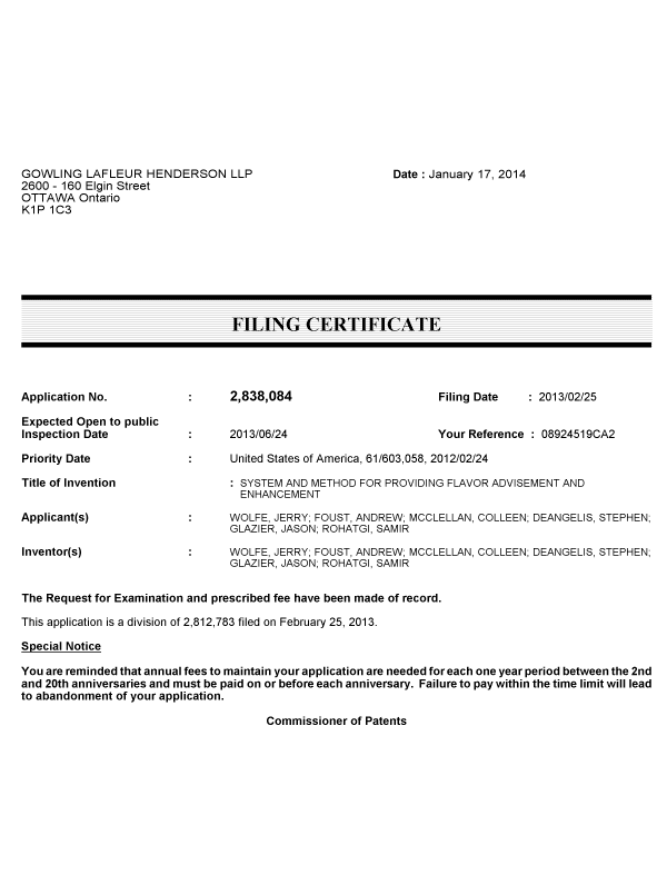 Canadian Patent Document 2838084. Correspondence 20140117. Image 1 of 1