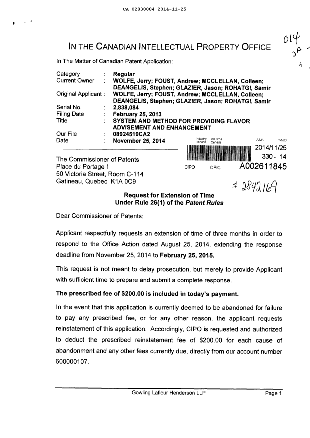 Canadian Patent Document 2838084. Correspondence 20141125. Image 1 of 2