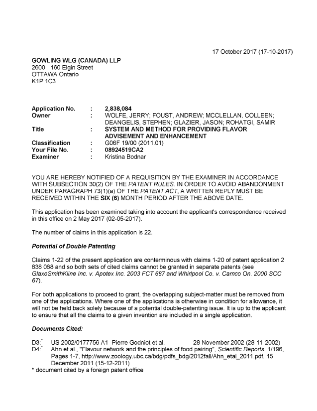 Canadian Patent Document 2838084. Examiner Requisition 20171017. Image 1 of 5